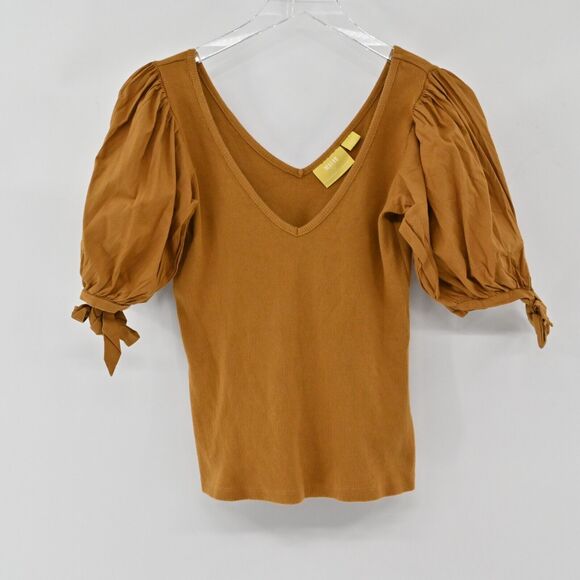 ANTHROPOLOGIE Top Womens Size XS Maeve Puff Sleeve Tie VNeck‎ Mustard Blouse - Picture 2 of 13